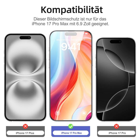 NEW'C 3 Stück Full Screen für iPhone 17 Pro Max Panzerglas (6,9 Zoll), Schutzglas [Auto-Installation], Frei von Kratzern, 9H Härte, Displayschutzfolie, Ultrabeständig folie