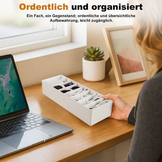 DoocliB Kabel Aufbewahrungsboxen Groß mit 7 verstellbaren Fächern,Weiß Kabel Organizer Box mit 7 Kabelbindern,