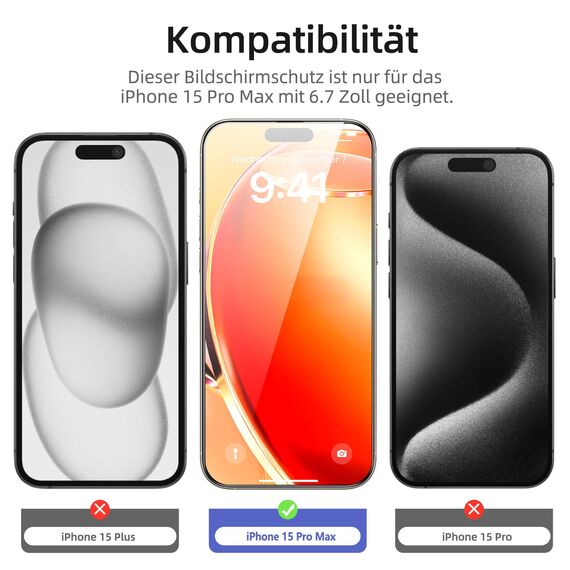 NEW'C 3 Stück Full Screen für iPhone 15 Pro Max Panzerglas (6,7 Zoll), Schutzglas [Auto-Installation], Frei von Kratzern, 9H Härte, Displayschutzfolie, Ultrabeständig folie