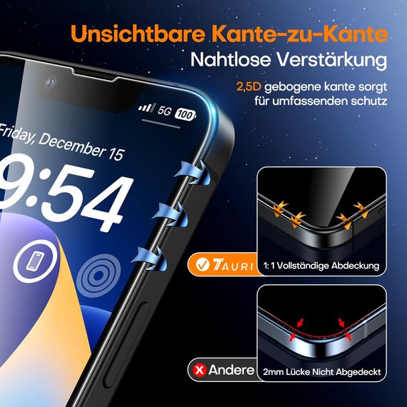 TAURI für iPhone 14 Panzerglas 6,1" mit Staubfreie Installationswerkzeug, Gehärtete Glas Displayschutz, Full Screen Kratzfest Schutzglas, Anti-Fingerabdruck und Bubbles Schutzfolie, 3 Stück