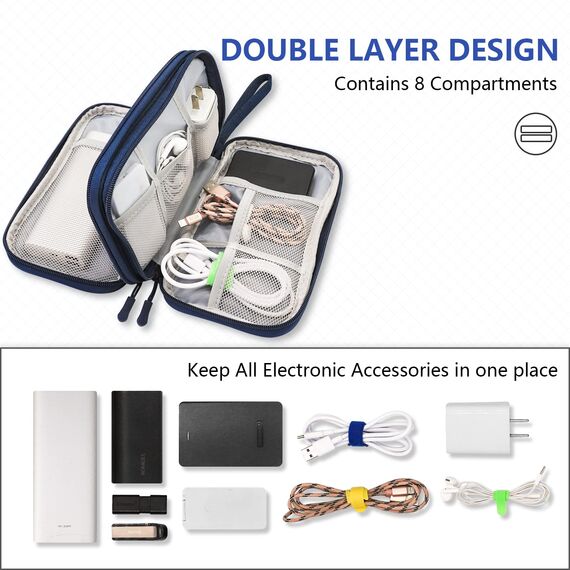 Teskyer Kabel Organizer Tasche, Universal Travel Kabeltasche, wasserdichte Multifunktional Reisezubehör, Urlaub Must Haves Kabeltasche für Ladegerät, Handy, Powerbank, 21 x 12.5 cm Navy blau