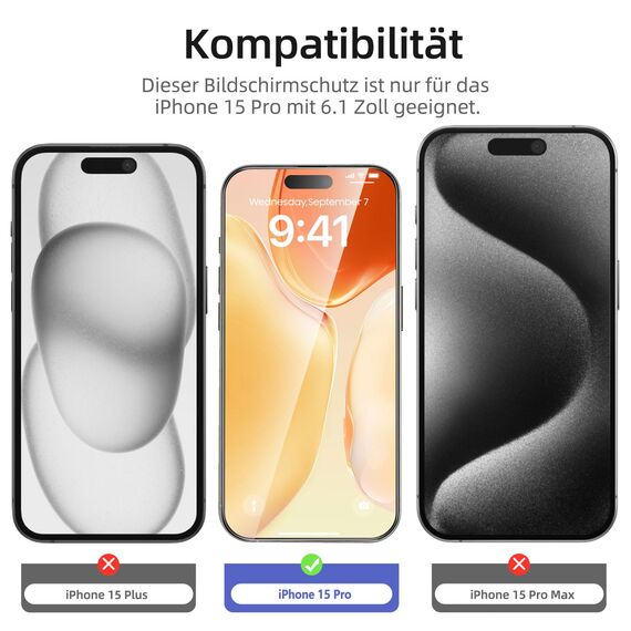 NEW'C 3 Stück Full Screen für iPhone 15 Pro Panzerglas (6,1 Zoll), Schutzglas [Auto-Installation], Frei von Kratzern, 9H Härte, Displayschutzfolie, Ultrabeständig folie