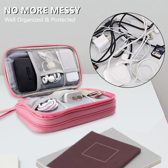 Teskyer Kabel Organizer Tasche, Universal Travel Kabeltasche, Wasserdichte Multifunktional Reisezubehör, Urlaub Must Haves Kabeltasche für Ladegerät, Handy, Powerbank, Festplatten, 21 x 12.5 cm (Rosa)