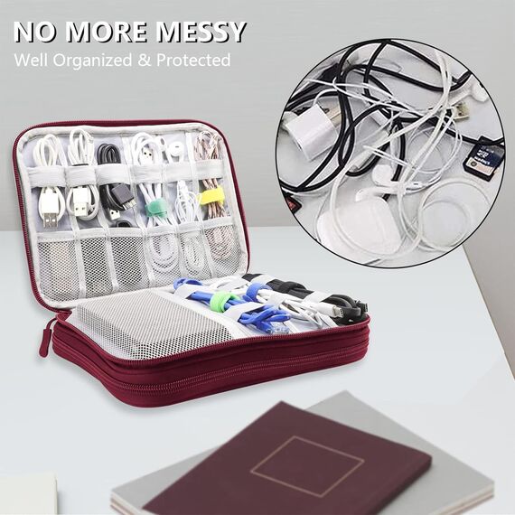 Teskyer Kabeltasche Organizer, wasserdichte, Urlaub Must Haves, Multifunktional Reise Zubehör, Travel Essentials, für Ladegerät, Powerbank, Weinrot