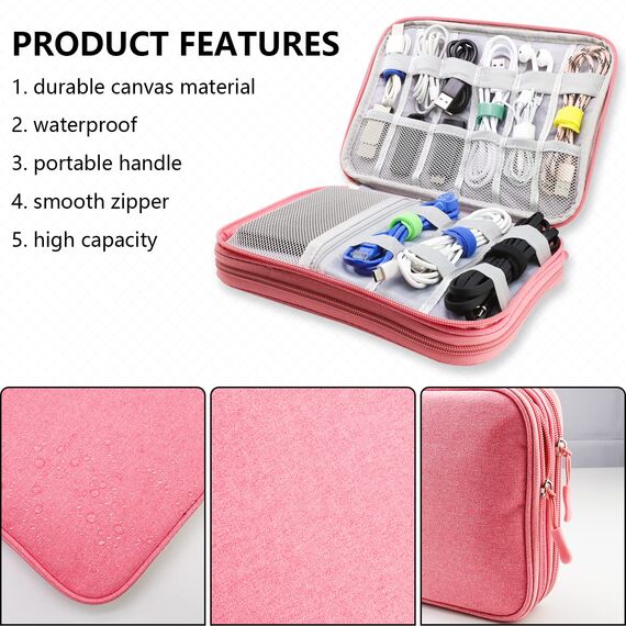 Teskyer Kabel Organizer Tasche, Universal Travel Kabeltasche, Wasserdichte Multifunktional Reisezubehör, Urlaub Must Haves Kabeltasche für Ladegerät, Handy, Powerbank, Festplatten, 24 x 17 cm (Rosa)