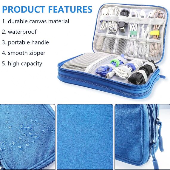 Teskyer Kabeltasche Organizer, wasserdichte, Urlaub Must Haves, Multifunktional Reise Zubehör, Travel Essentials, für Ladegerät, Powerbank, Himmelblau