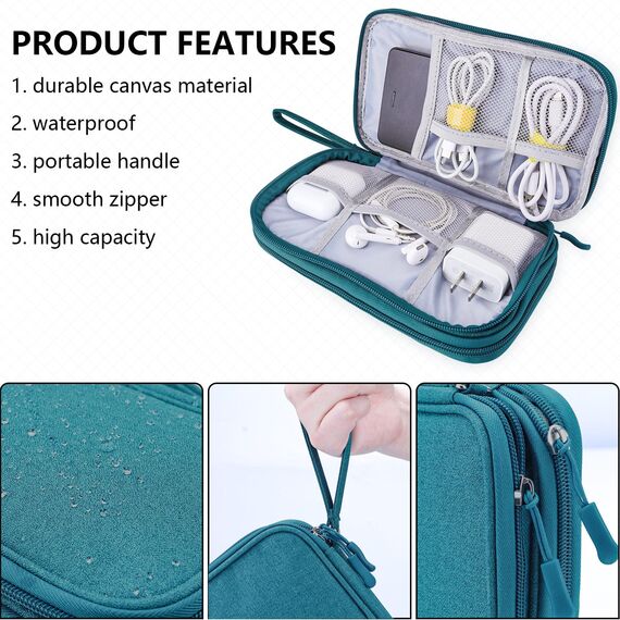 Teskyer Kabeltasche Organizer, wasserdichte, Urlaub Must Haves, Multifunktional Reise Zubehör, Travel Essentials, für Ladegerät, Powerbank, Dunkelgrün
