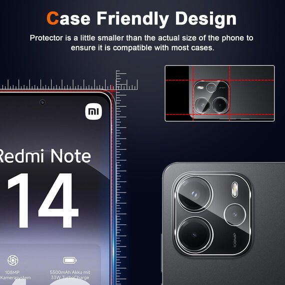 Aerku Schutzfolie für Xiaomi Redmi Note 14 4G für Panzerglas, 3 Stück 9H Härte Folie und 2 Stück Ultra-Klar Kameraschutz, 0.33mm Anti-Kratzen Displayschutz, Anti-Bläschen Schutzglas