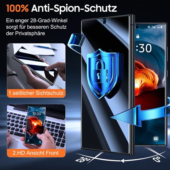 UniqueMe Premium Blickschutz für Samsung Galaxy S24 Ultra Schutzfolie Sichtschutz, Automatische Staubentfernung, 7H Vollständige Abdeckung Displayschutz Anti-Spy Blasenfrei Hüllenfreundlich, 2 Stück