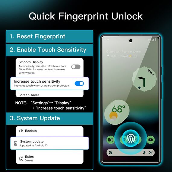JETech Schutzfolie für Google Pixel 6a 6,1 Zoll, Panzer Schutz Glas Folie Displayschutz, Fingerabdruck-ID-Kompatibel, HD Klar, 3 Stück