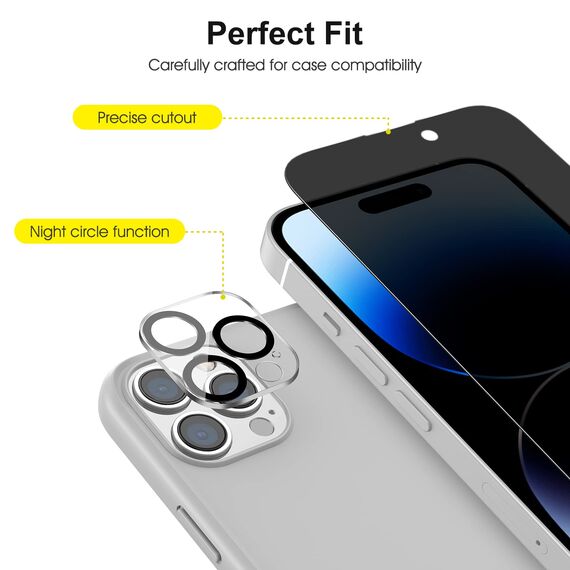 SPARIN [2+2 Stück Sichtschutz, Schutzfolie für iPhone 14 Pro 6,1 Zoll, mit Rahmen-Installationshilfe, 2 Displayschutz, 2 Kameraschutz, 9H Härte Glas, Anti-Spy Folie]