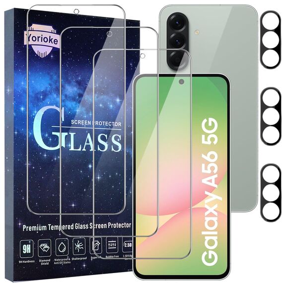 3 Stück Panzer Schutz Glas für Samsung Galaxy A56 5G Schutzglas Displayschutz und Kameraschutz, 9H Härte Kratzfest Gehärtetes Glas Anti-Öl HD Klar 2.5D Runde Kante Schutzfolie