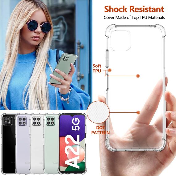 Ferilinso Schutzhülle für Samsung Galaxy A22 5G + 2 Stück Hartglas-Displayschutz [transparente Silikonhülle] [10 x vergilbungsfrei] [stoßfest] [Kratzfest] [9H Härte]