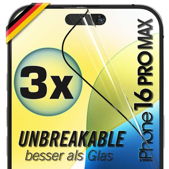 UTECTION 3X Panzerfolie [Besser als Glas] für iPhone 16 PRO MAX - Unzerstörbarer Displayschutz - Perfekte passform - Folie mit ALLEN Hüllen kompatibel - Super Haptik & Kinderleichte Anbringung