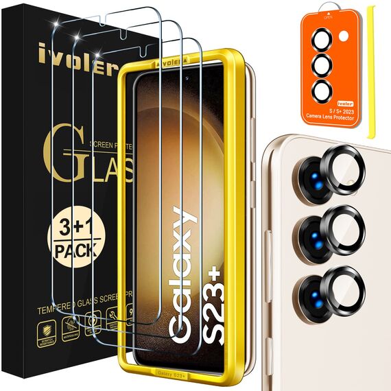 ivoler 3+3 Stück Schutz Glas für Samsung Galaxy S23+ 5G / S23 Plus 5G, 3 Stücke Schutzfolie Mit 3 Stück Kamera Panzerfolie und Positionierhilfe, 9H Härte, HD Klar, Anti-Kratz, Anti-Bläschen