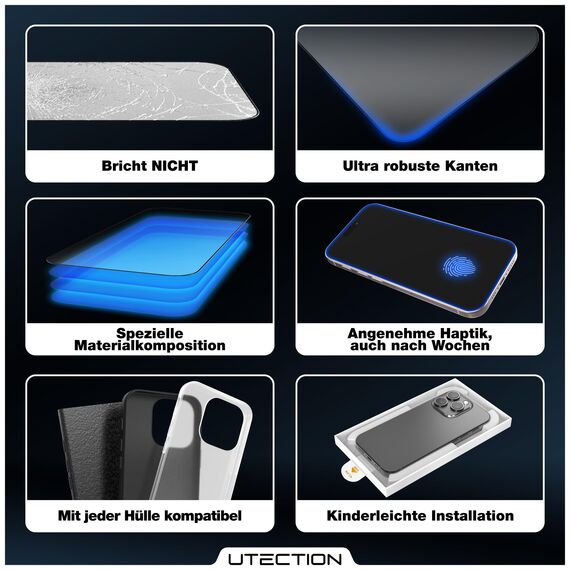 UTECTION 3X Panzerfolie [Besser als Glas] für iPhone 16e / 17e - Unzerstörbarer Displayschutz - Perfekte passform - Schutzfolie mit ALLEN Hüllen kompatibel - Super Haptik & Kinderleichte Anbringung