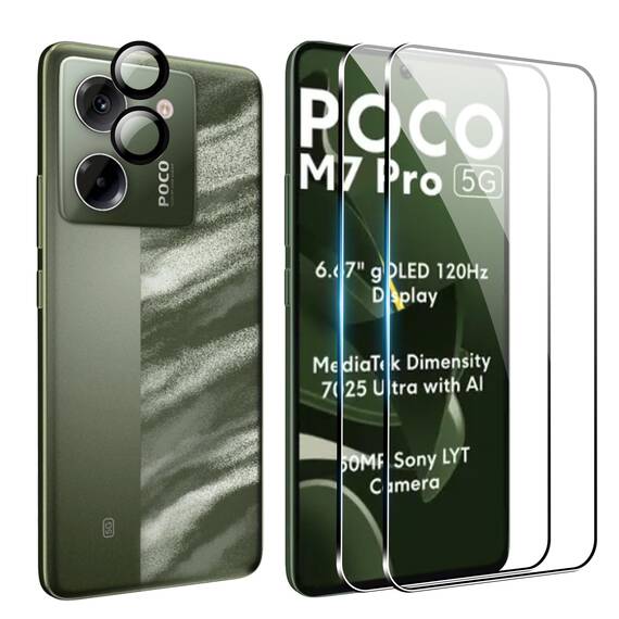 FDHYFGDY Schutzfolie für Xiaomi Poco M7 Pro Panzerglas, 2+2 Stück Kameraschutz und Glasschutzfolie, 9H Härte, Anti-Bläschen HD Displayschutz