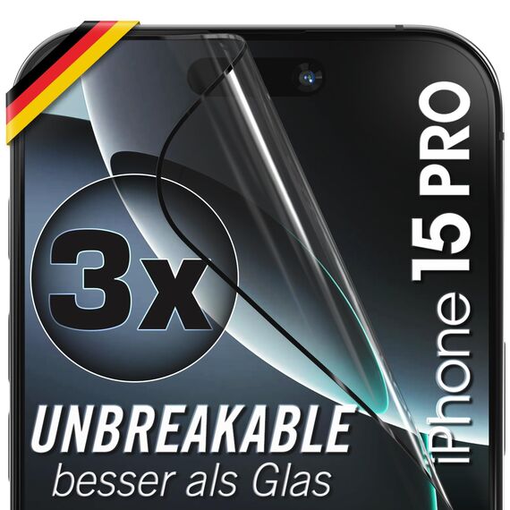 UTECTION 3X Panzerfolie [Besser als Glas] für iPhone 15 PRO - Unzerstörbarer Displayschutz - Perfekte passform - Schutzfolie mit ALLEN Hüllen kompatibel - Super Haptik & Kinderleichte Anbringung