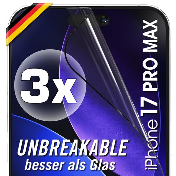 UTECTION 3X Panzerfolie [Besser als Glas] für iPhone 17 PRO MAX - Unzerstörbarer Displayschutz - Perfekte passform - Schutzfolie mit ALLEN Hüllen kompatibel - Super Haptik & Kinderleichte Anbringung