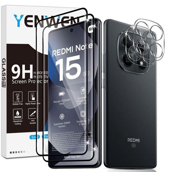 Yenwen für Panzerglas für Xiaomi Redmi Note 15 5G / POCO M8 5G Schutzfolie, 2 Stück Displayschutz mit 2 Stück Kameraschutz Glas, 9H Härte Schutzglas Handy Folie HD Klar Panzer Schutz Glas