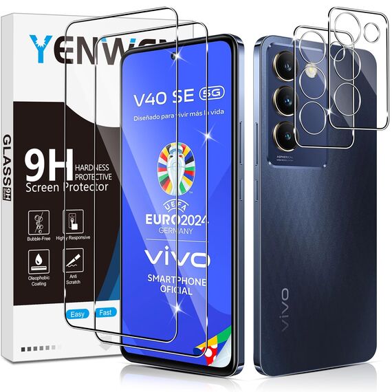 Yenwen Schutzfolie für Vivo V40 SE 5G für Panzerglas, 2 Stück Panzer Schutz Glas mit 2 Stück Kameraschutz, 9H Härte Schutzglas Anti-Kratzer Glas Handy Folie HD Klar Displayschutz