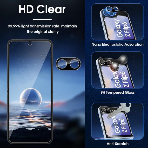 Lutree für Panzerglas für Samsung Galaxy Z Flip 6 5G, 2+2+2 Stück Innere TPU Schutzfolie+ Rückseite Schutzglas+ Kameraschutz Folie (Schwarz), HD Displayschutz, Anti- Kratzer Displayfolie für Z Flip6