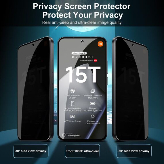 Lutree für Xiaomi 15T/ Xiaomi 15T Pro für Panzerglas Sichtschutz Schutzfolie, 2+2 Stück Anti-Spähen Schutzglas + Kameraschutz Folie (Schwarz), HD 9H Härte Anti- Kratzer Privacy Anti-Spy Displayschutz