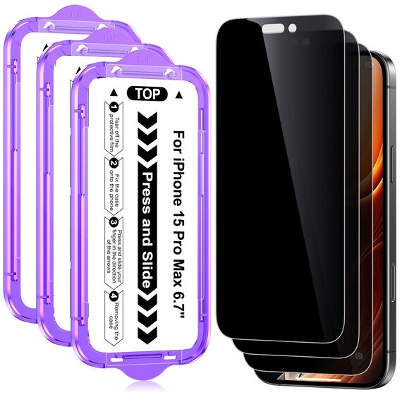 Ksleri 3 Stück für iPhone 15 Pro Max für Panzerglas Sichtschutz, Anti-Spy Gehärtete Glas Schutzfolie, 9H Privacy Folie Displayschutz mit Auto-Installation Einfaches Installationswerkzeug, 6,7 Zoll
