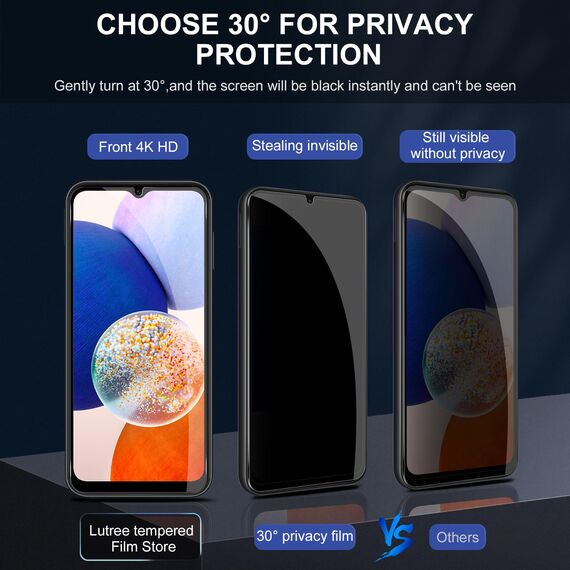 Lutree für Panzerglas für Samsung Galaxy A14 5G/4G Sichtschutz Schutzfolie, 2+1 Stück Anti-Spähen Schutzglas + Kameraschutz Folie, 9H Härte HD Anti- Kratzer Privacy Anti-Spy Displayschutz