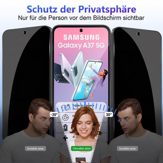 Yenwen Sichtschutzfolie für Samsung Galaxy A37 5G für Panzerglas, 2 Stück Sichtschutz und 2 Stück Kameraschutz, 9H Härte Privacy Schutzfolie Folie Anti Spy Displayschutz