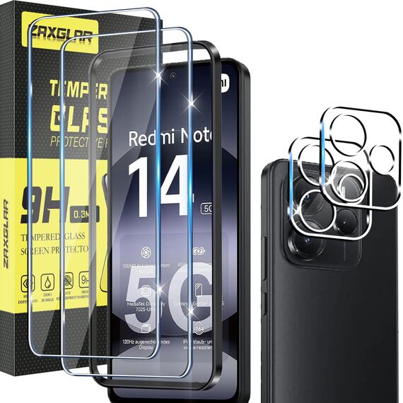 ZAXGLAR Schutzfolie für Xiaomi Redmi Note 14 5G (Nicht für 4G) für Panzerglas,2 Stück Panzerfolie und 2 Stück Kameraschutz,HD Displayschutz, 9H Härte Schutzfolie,mit Praktischer Installationshilfe