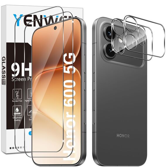 Yenwen Schutzfolie für Honor 600 5G für Panzerglas, 2 Stück Displayschutz mit 2 Stück Kameraschutz, 9H Härte Schutzglas, Handy Folie HD Klar Panzer Schutz Glas Screen