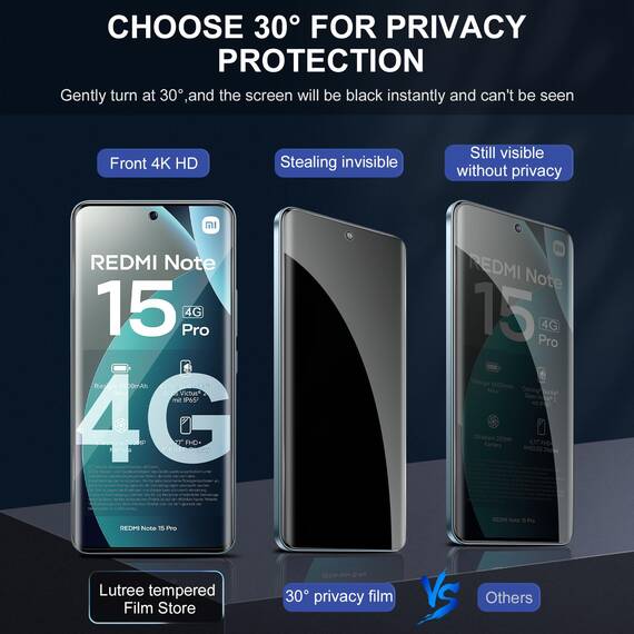 Lutree für Xiaomi Redmi Note 15 Pro 4G für Panzerglas Sichtschutz Schutzfolie, 1+1 Stück 3D Anti-Spähen Schutzglas + Kameraschutz Folie (Schwarz), 9H Härte Anti- Kratzer Privacy Anti-Spy Displayschutz