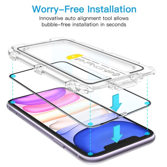 JETech Ein Touch Installieren Schutzfolie für iPhone 11/XR 6,1 Zoll, Full Screen Panzer Schutz Glas Folie Displayschutz, Auto Ausrichtungswerkzeug Bausatz, HD Klar, 2 Stück