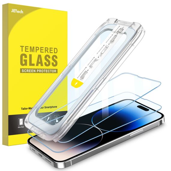 JETech Ein Touch Installieren Schutzfolie für iPhone 14 Pro 6,1 Zoll, Full Screen Panzer Schutz Glas Folie Displayschutz, Auto Ausrichtungswerkzeug Bausatz, HD Klar, 2 Stück