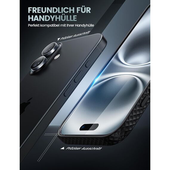 Lamicall Displayschutz für iPhone 16, [4 Stück] 9H Schutzfolie - 2x Kratzfest Glas und 2x Kameraschutz, Anti-Fingerprint Folie mit Montagerahmen, Schutzglas für iPhone 16