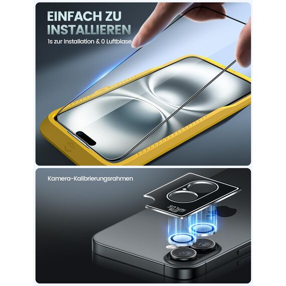 Lamicall Displayschutz für iPhone 16, [4 Stück] 9H Schutzfolie - 2x Kratzfest Glas und 2x Kameraschutz, Anti-Fingerprint Folie mit Montagerahmen, Schutzglas für iPhone 16