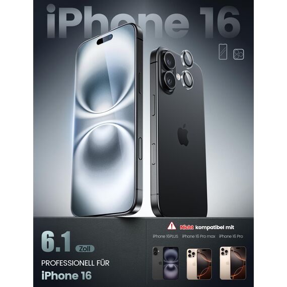 Lamicall Displayschutz für iPhone 16, [4 Stück] 9H Schutzfolie - 2x Kratzfest Glas und 2x Kameraschutz, Anti-Fingerprint Folie mit Montagerahmen, Schutzglas für iPhone 16