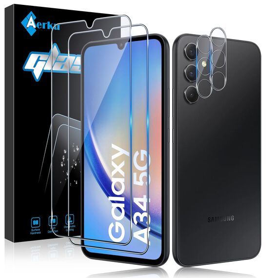 Aerku Schutzfolie für Samsung Galaxy A34 5G für Panzer Schutz Glas, [2+2 Stück] Folie und Kameraschutz, 0.33mm Ultra-Klar Displayschutz, 9H Härte, Anti-Kratzen, Anti-Bläschen Schutzfolie Schutzglas