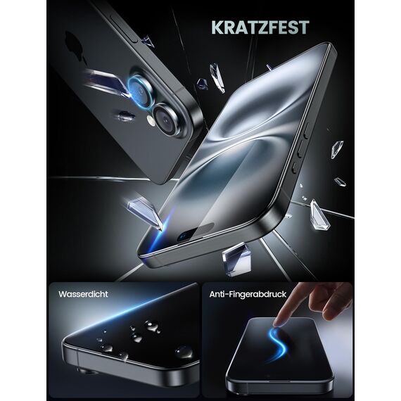 Lamicall Displayschutz für iPhone 16, [4 Stück] 9H Schutzfolie - 2x Kratzfest Glas und 2x Kameraschutz, Anti-Fingerprint Folie mit Montagerahmen, Schutzglas für iPhone 16