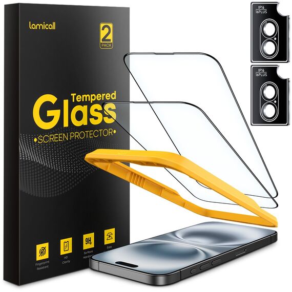 Lamicall Displayschutz für iPhone 16, [4 Stück] 9H Schutzfolie - 2x Kratzfest Glas und 2x Kameraschutz, Anti-Fingerprint Folie mit Montagerahmen, Schutzglas für iPhone 16