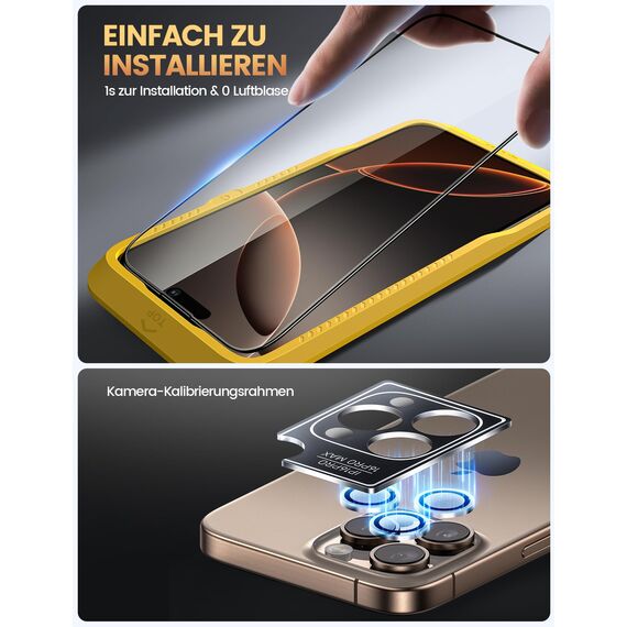 Lamicall Displayschutz für iPhone 16 Pro, [4 Stück] 9H Schutzfolie - 2x Kratzfest Glas und 2x Kameraschutz, Anti-Fingerprint Folie mit Montagerahmen, Schutzglas für iPhone 16 Pro