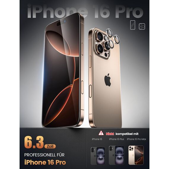 Lamicall Displayschutz für iPhone 16 Pro, [4 Stück] 9H Schutzfolie - 2x Kratzfest Glas und 2x Kameraschutz, Anti-Fingerprint Folie mit Montagerahmen, Schutzglas für iPhone 16 Pro