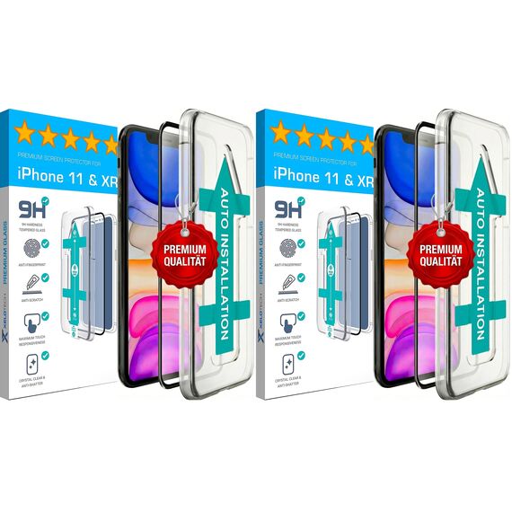 XeloTech 3D/4D Schutzglas für iPhone 11 & iPhone XR - Full Screen Schutzfolie aus Panzerglas mit Schablone für Positionierung - 9H+ Displayschutz - Hüllenfreundlich (Packung mit 2)