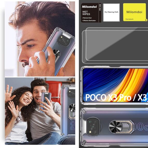 Milomdoi [3 unità 1 PCS Cover per Xiaomi Poco X3 PRO/Poco X3 NFC+2 Pack Vetro Temperato [Parte Posteriore in plastica Rigida&Telaio in TPU Case ][Grado Militare] con 360°Metallo Ring-Trasparente