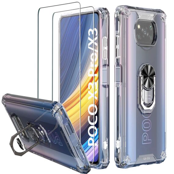 Milomdoi [3 unità 1 PCS Cover per Xiaomi Poco X3 PRO/Poco X3 NFC+2 Pack Vetro Temperato [Parte Posteriore in plastica Rigida&Telaio in TPU Case ][Grado Militare] con 360°Metallo Ring-Trasparente