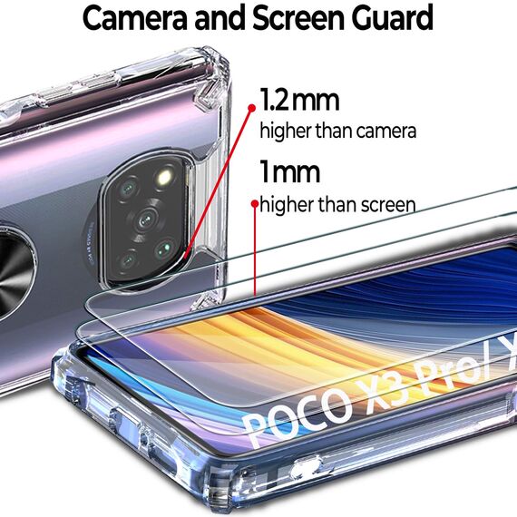 Milomdoi [3 unità 1 PCS Cover per Xiaomi Poco X3 PRO/Poco X3 NFC+2 Pack Vetro Temperato [Parte Posteriore in plastica Rigida&Telaio in TPU Case ][Grado Militare] con 360°Metallo Ring-Trasparente