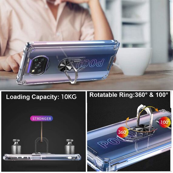 Milomdoi [3 unità 1 PCS Cover per Xiaomi Poco X3 PRO/Poco X3 NFC+2 Pack Vetro Temperato [Parte Posteriore in plastica Rigida&Telaio in TPU Case ][Grado Militare] con 360°Metallo Ring-Trasparente