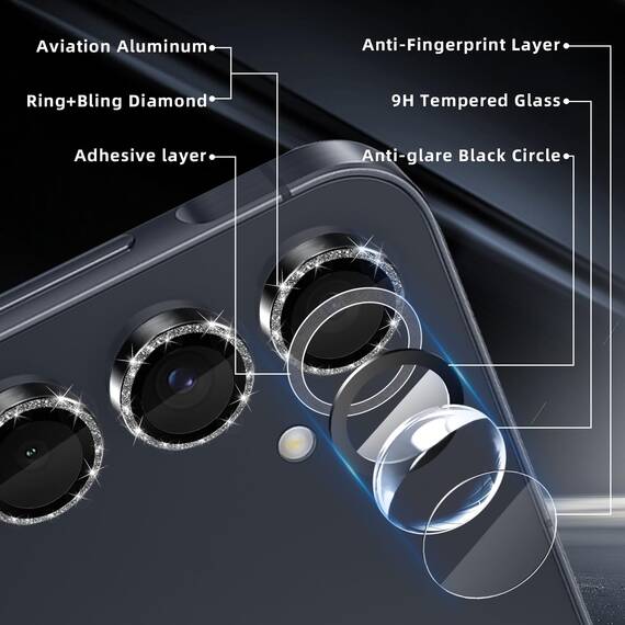 GEEMEE für Samsung Galaxy A55 5G Glitzer Kameraschutz für Panzerglas, 9H Anti-Kratzer Metall individuelle Linsen Schutzfolien, HD Klar Kamera Schutz Zubehör - Glänzendes Schwarz