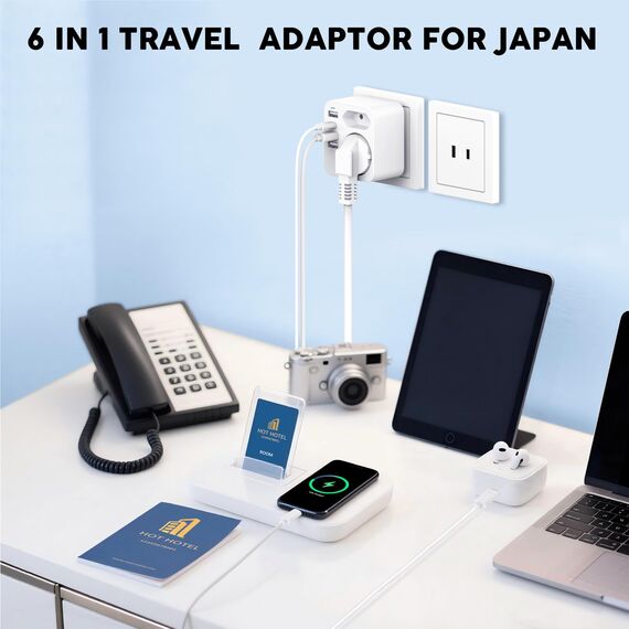Reiseadapter Japan Steckdosenadapter, 6-in-1 Japan Adapter mit 3 USB 1 USB C(3.4A), Adapter Steckdose Typ A für USA, Kanada,Mexiko